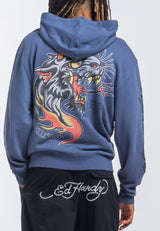 Mens Hell Catz Zip Through Hoodie - Indigo