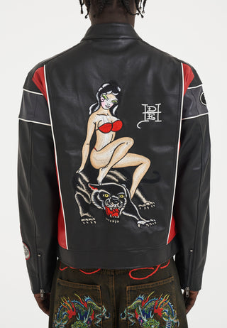 Mens Holly Panther Vegan Leather Motocross Jacket - Black/Red