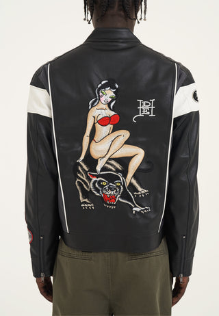 Mens Holly Panther Vegan Leather Motocross Jacket - Black/White