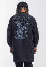 Mens Nyc Skull Longline Bomber Jacket - Black