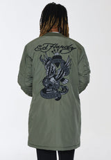 Mens Nyc Skull Longline Bomber Jacket - Khaki