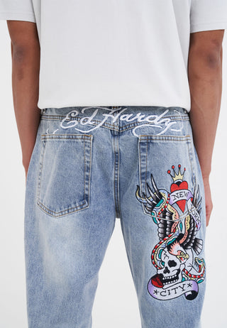 Mens Nyc-Skull Tattoo Graphic Denim Trousers Jeans - Bleach