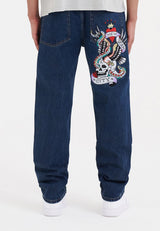 Mens Nyc-Skull Tattoo Graphic Denim Trousers Jeans - Indigo