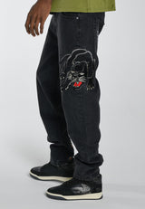 Mens Panther-Crouch-Leap Tattoo Graphic Relaxed Denim Trousers Jeans - Black