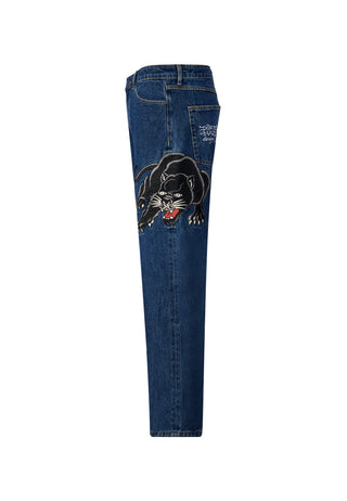 Mens Panther-Crouch-Leap Tattoo Graphic Relaxed Denim Trousers Jeans - Indigo
