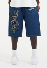 Mens Panther Snake Diamante Denim Jorts Shorts  - Indigo