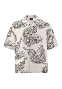 Mens Repeat Dragon Camp Short Sleeve Shirt - Grey/White