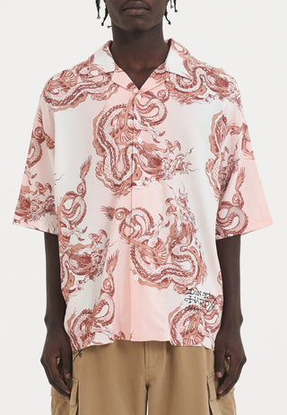 Mens Repeat Dragon Camp Short Sleeve Shirt - Pink/White