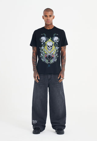 Mens Skull And Drag Battle Diamante Tshirt - Black