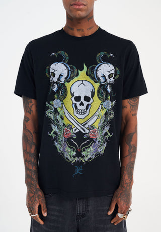 Mens Skull And Drag Battle Diamante Tshirt - Black