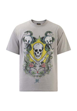 Mens Skull And Drag Battle Diamante Tshirt - Grey