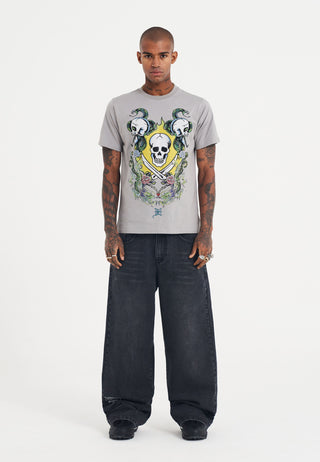 Mens Skull And Drag Battle Diamante Tshirt - Grey