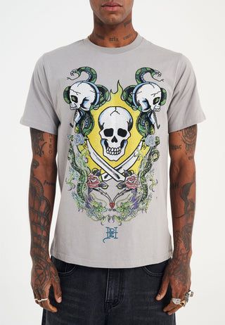 Mens Skull And Drag Battle Diamante Tshirt - Grey