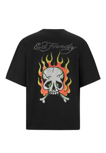 Mens Skull Flame Diamante Tshirt - Black