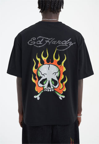 Mens Skull Flame Diamante Tshirt - Black