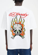Mens Skull Flame Diamante Tshirt - White