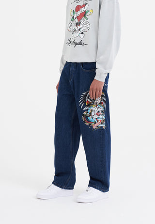 Calça jeans com estampa de tatuagem de cobra, caveira e águia - índigo