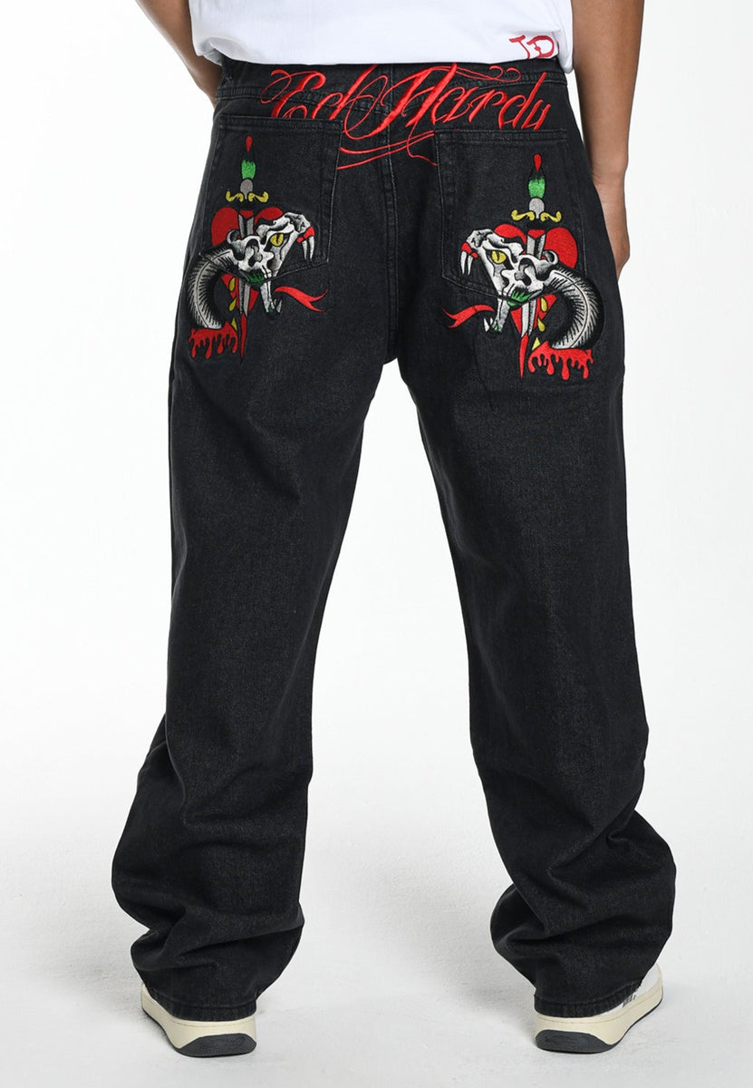 Mens Snake Sever Tattoo Graphic Relaxed Denim Trousers Jeans - Black