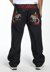 Mens Snake Sever Tattoo Graphic Relaxed Denim Trousers Jeans - Black