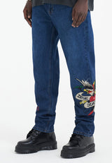 Mens True-Till-Death Diamante Denim Trousers Jeans - Indigo