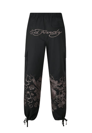 Mens Vintage-Dragon Embroidered Combat Trousers - Black