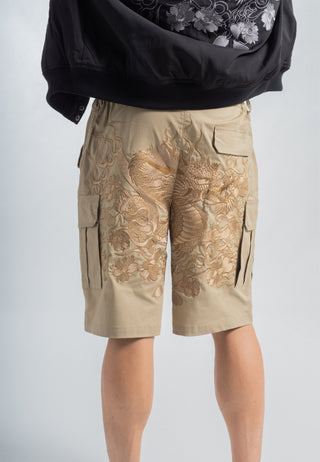 Mens Vintage-Dragon Embroidered Combat Trousers Shorts - Beige