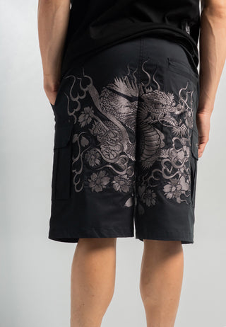 Mens Vintage-Dragon Embroidered Combat Trousers Shorts - Black