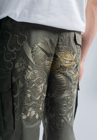 Mens Vintage-Dragon Embroidered Combat Trousers Shorts - Green
