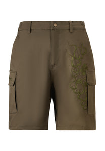 Mens Vintage-Dragon Embroidered Combat Trousers Shorts - Green
