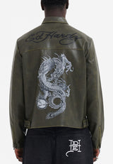 Mens Vintage Washed Vegan Leather Motocross Jacket - Green