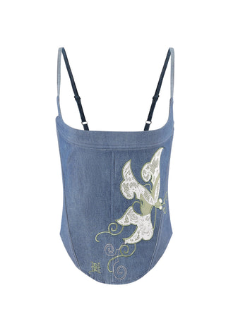 Womens Antique Butterfly Denim Corset Top - Indigo