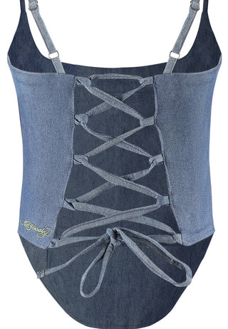 Womens Antique Butterfly Denim Corset Top - Indigo