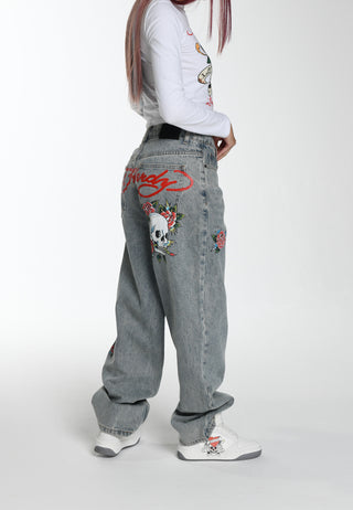 Womens Blooming Death Relaxed Denim Trousers Jeans - Blue