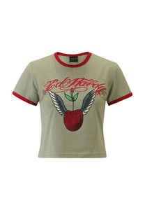 Womens Cherry Love Bomb Diamante Baby Tshirt Top - Green