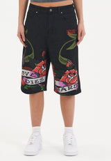 Womens Cherry Love Bomb Relaxed Denim Jorts Shorts - Black