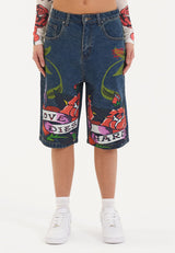 Womens Cherry Love Bomb Relaxed Denim Jorts Shorts - Indigo