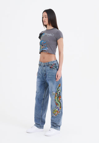 Womens Crawling Dragon Relaxed Fit Denim Trousers Jeans - Bleach