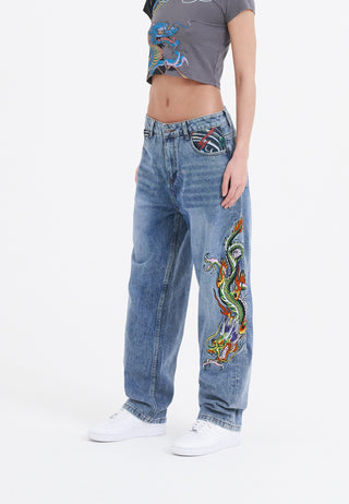 Womens Crawling Dragon Relaxed Fit Denim Trousers Jeans - Bleach