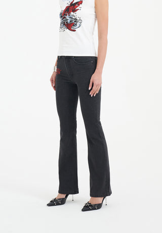 Womens Crystal Koi Flared Denim Trousers Jeans - Black