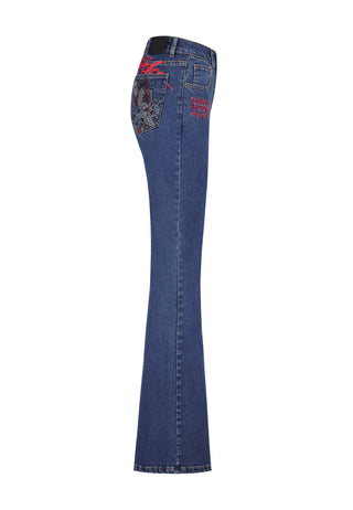 Womens Crystal Koi Flared Denim Trousers Jeans - Indigo