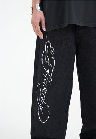 Womens Crystal Roar Diamante Relaxed Denim Trousers Jeans - Black