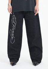 Womens Crystal Roar Diamante Relaxed Denim Trousers Jeans - Black