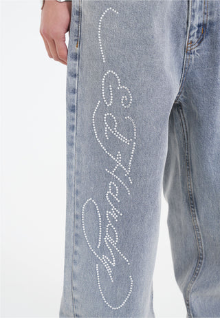 Womens Crystal Roar Diamante Relaxed Denim Trousers Jeans - Bleach