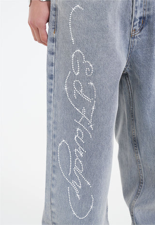 Womens Crystal Roar Diamante Relaxed Denim Trousers Jeans - Bleach