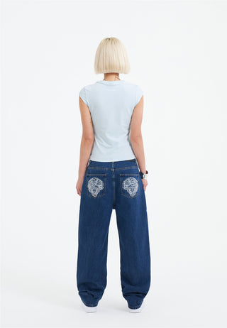 Womens Crystal Roar Diamante Relaxed Denim Trousers Jeans - Indigo
