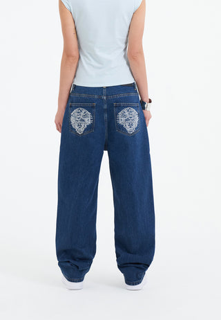 Womens Crystal Roar Diamante Relaxed Denim Trousers Jeans - Indigo