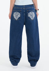 Womens Crystal Roar Diamante Relaxed Denim Trousers Jeans - Indigo