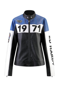 Womens ED-1971 Moto Biker Jacket- Black/Blue/White