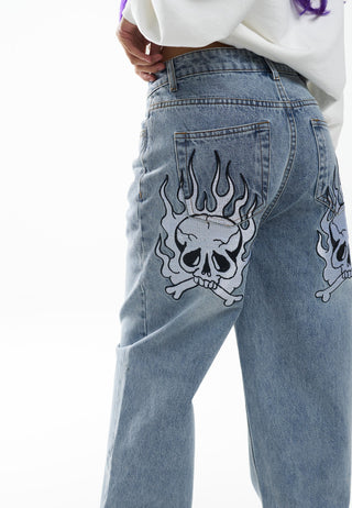 Womens Flaming Skull Relaxed Denim Trousers Jeans - Blue