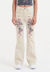 Womens Floral Cross Flared Jeans - Beige